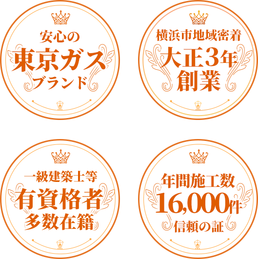 安心の東京ガスブランド 横浜市地域密着大正3年創業一級建築士等有資格者多数在籍 年間施工数16,000件信頼の証